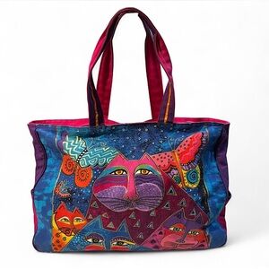 Laurel Burch Cats Tote Bag Colorful Butterfly Art Print Canvas Zip Shoulder Bag